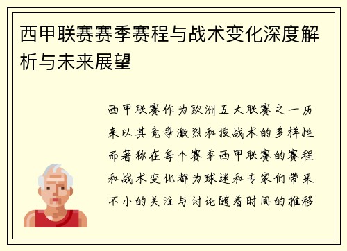 西甲联赛赛季赛程与战术变化深度解析与未来展望