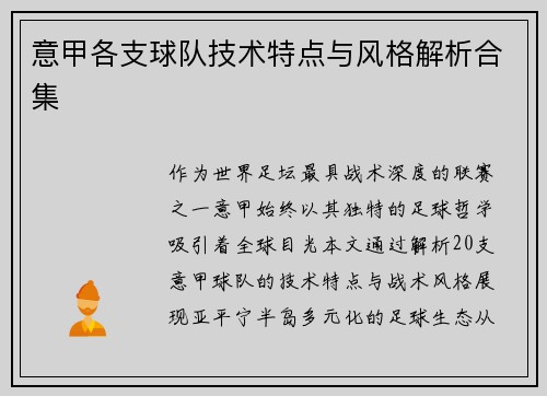 意甲各支球队技术特点与风格解析合集
