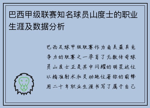 巴西甲级联赛知名球员山度士的职业生涯及数据分析