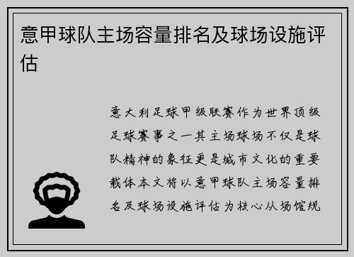 意甲球队主场容量排名及球场设施评估